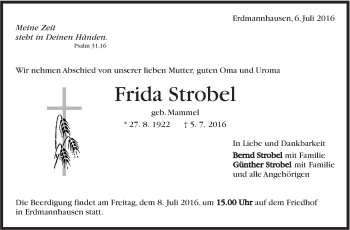Traueranzeige von Frida Strobel von Marbacher Zeitung