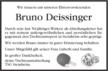 Traueranzeige von Bruno Deissinger von Marbacher Zeitung