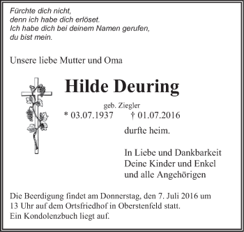 Traueranzeige von Hilde Deuring von Marbacher Zeitung