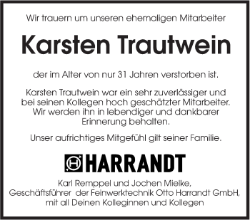 Traueranzeige von Karsten Trautwein von Marbacher Zeitung