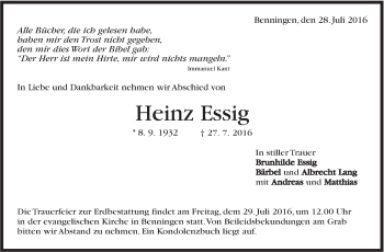 Traueranzeige von Heinz Essig von Marbacher Zeitung