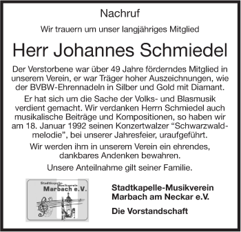 Traueranzeige von Johannes Schmiedel von Marbacher Zeitung