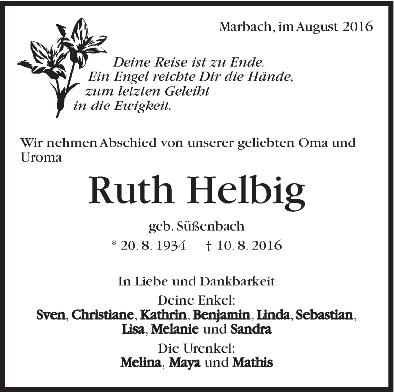  Traueranzeige für Ruth Helbig vom 17.08.2016 aus Marbacher Zeitung