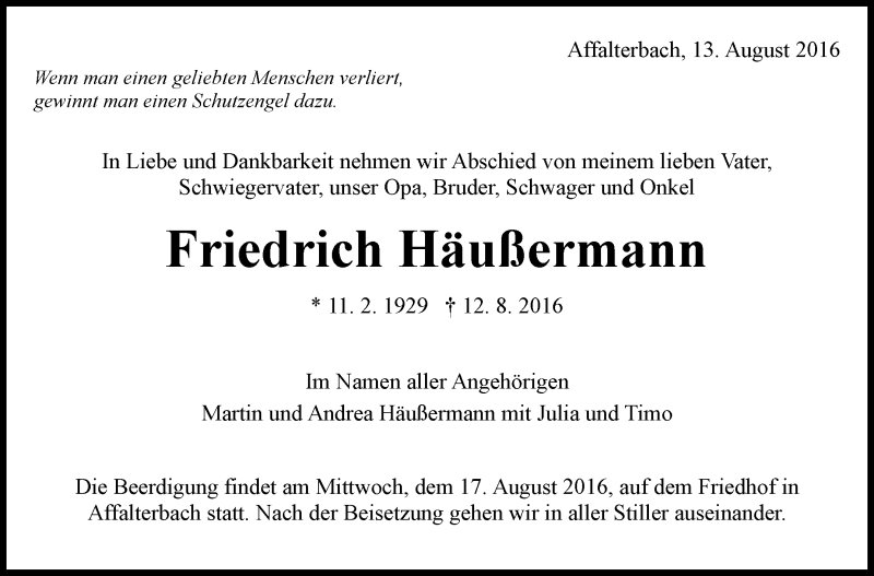  Traueranzeige für Friedrich Häußermann vom 13.08.2016 aus Marbacher Zeitung