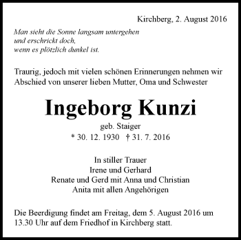 Traueranzeige von Ingeborg Kunzi von Marbacher Zeitung