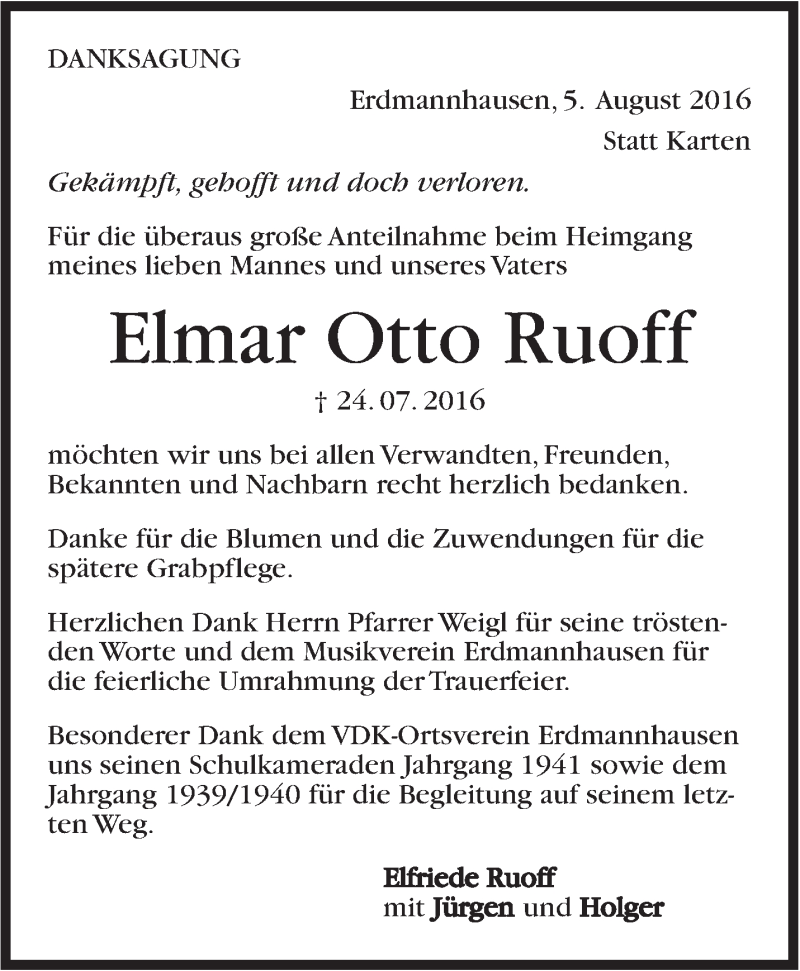  Traueranzeige für Elmar Otto  Ruoff vom 05.08.2016 aus Marbacher Zeitung