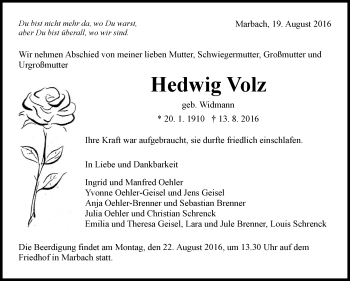 Traueranzeige von Hedwig Volz von Marbacher Zeitung