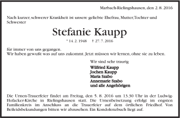 Traueranzeige von Stefanie Kaupp von Marbacher Zeitung