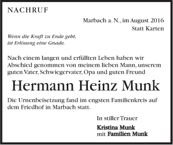Traueranzeige von Hermann Heinz Munk von Marbacher Zeitung