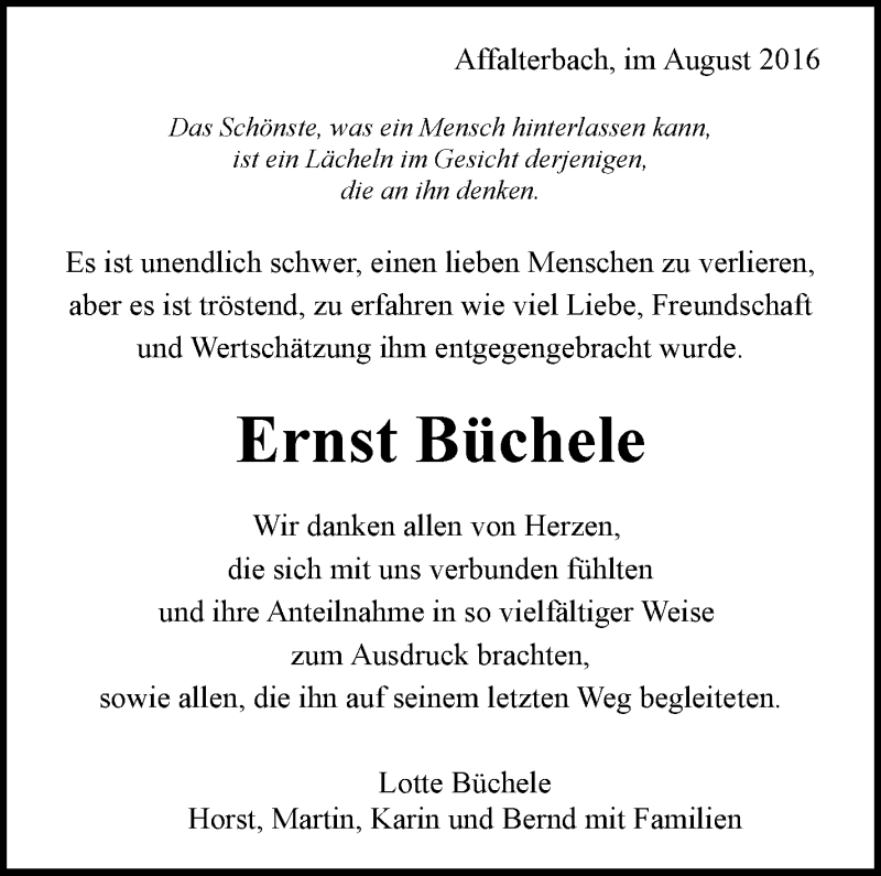  Traueranzeige für Ernst Büchele vom 13.08.2016 aus Marbacher Zeitung