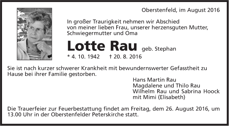 Traueranzeige für Lotte Rau vom 24.08.2016 aus Marbacher Zeitung