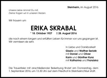Traueranzeige von Erika Skrabal von Marbacher Zeitung