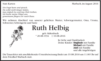 Traueranzeige von Ruth Helbig von Marbacher Zeitung