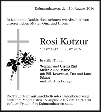 Traueranzeige von Rosi  Kotzur von Marbacher Zeitung