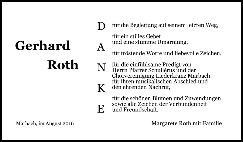  Traueranzeige für Gerhard Roth vom 11.08.2016 aus Marbacher Zeitung