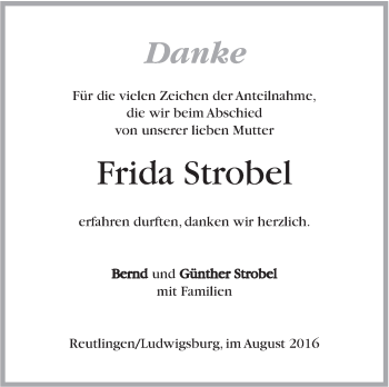 Traueranzeige von Frida Strobel von Marbacher Zeitung