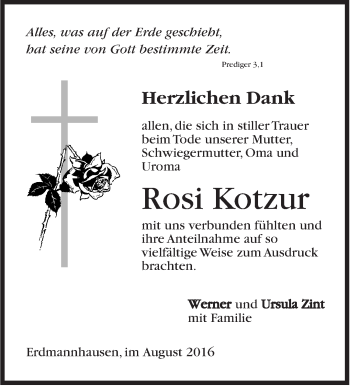 Traueranzeige von Rosi  Kotzur von Marbacher Zeitung