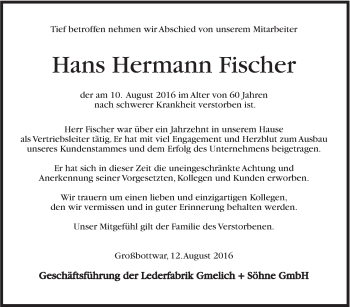 Traueranzeige von Hans Hermann Fischer von Marbacher Zeitung