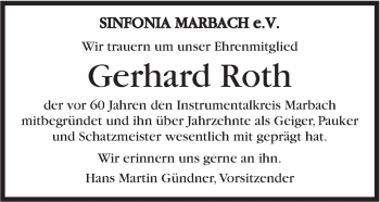 Traueranzeige von Gerhard Roth von Marbacher Zeitung
