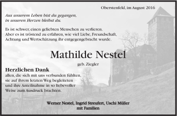 Traueranzeige von Mathilde Nestel von Marbacher Zeitung