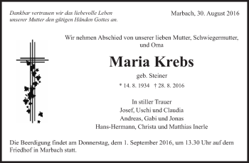 Traueranzeige von Maria Krebs von Marbacher Zeitung