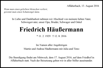 Traueranzeige von Friedrich Häußermann von Marbacher Zeitung