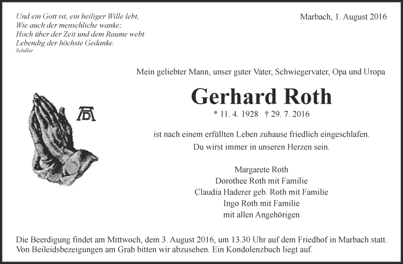  Traueranzeige für Gerhard Roth vom 01.08.2016 aus Marbacher Zeitung