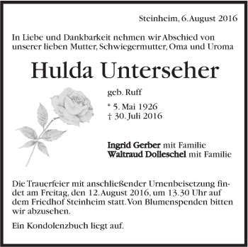Traueranzeige von Hulda Unterseher von Marbacher Zeitung