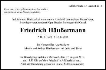 Traueranzeige von Friedrich Häußermann von Marbacher Zeitung