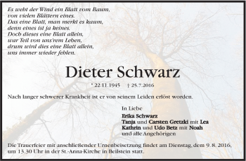 Traueranzeige von Dieter Schwarz von Marbacher Zeitung