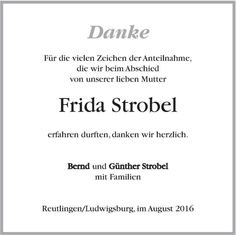  Traueranzeige für Frida Strobel vom 01.08.2016 aus Marbacher Zeitung
