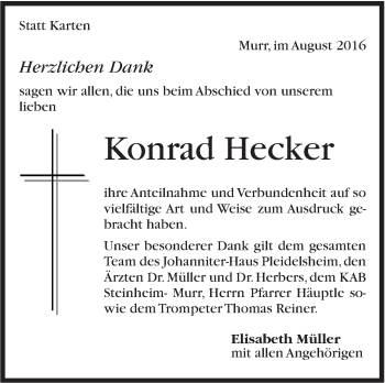 Traueranzeige von Konrad Hecker von Marbacher Zeitung