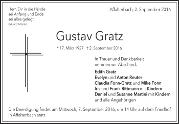 Traueranzeige von Gustav Gratz von Marbacher Zeitung