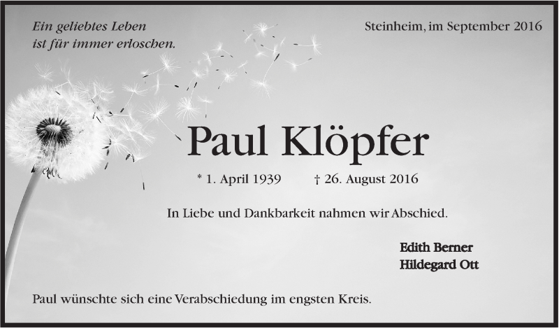  Traueranzeige für Paul Klöpfer vom 03.09.2016 aus Marbacher Zeitung