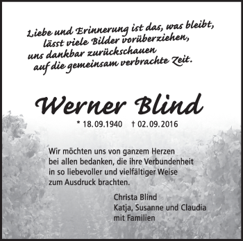 Traueranzeige von Werner Blind von Marbacher Zeitung