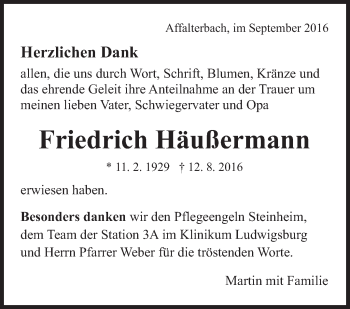 Traueranzeige von Friedrich Häußermann von Marbacher Zeitung