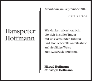 Traueranzeige von Hanspeter Hoffmann von Marbacher Zeitung