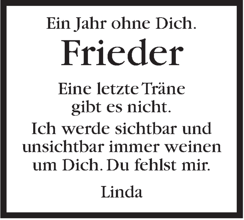 Traueranzeige für Frieder  vom 12.09.2016 aus Marbacher Zeitung