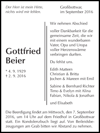 Traueranzeige von Gottfried Beier von Marbacher Zeitung
