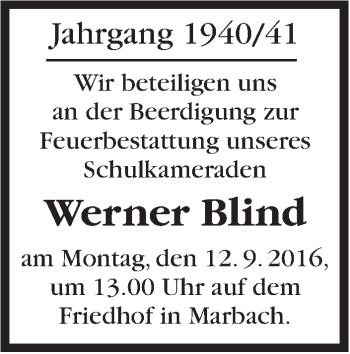 Traueranzeige von Werner Blind von Marbacher Zeitung