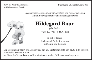 Traueranzeige von Hildegard Baur von Marbacher Zeitung