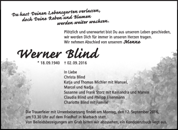 Traueranzeige von Werner Blind von Marbacher Zeitung