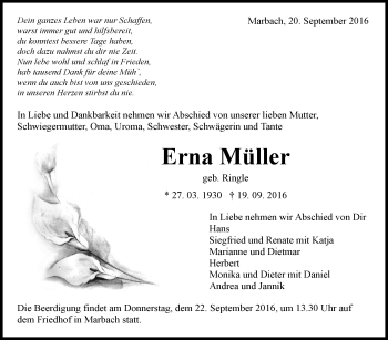 Traueranzeige von Erna Müller von Marbacher Zeitung