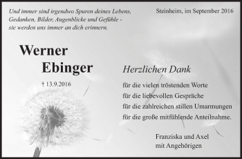 Traueranzeige von Werner Ebinger von Marbacher Zeitung