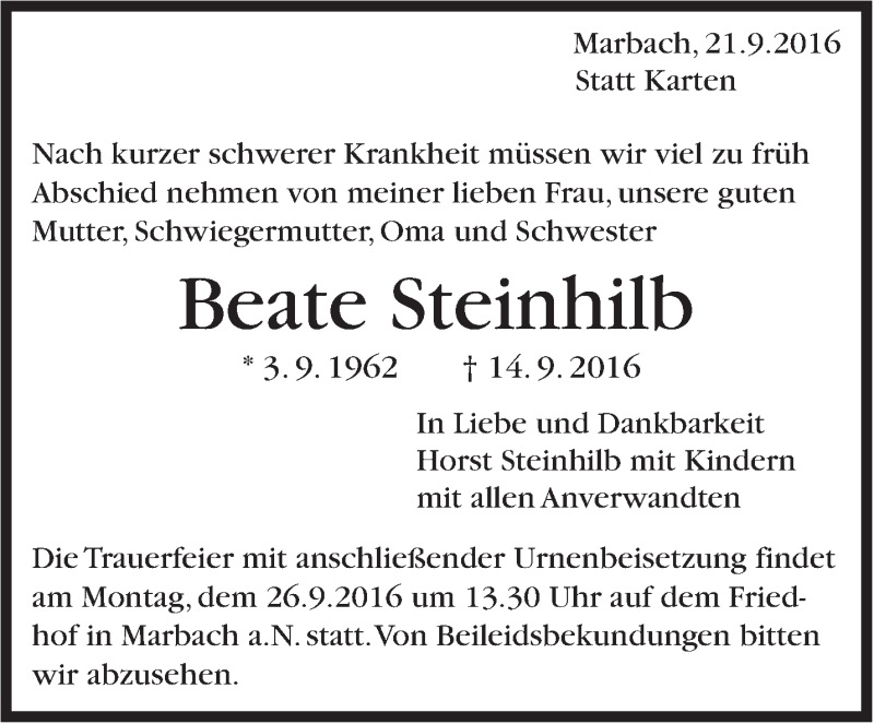  Traueranzeige für Beate Steinhilb vom 21.09.2016 aus Marbacher Zeitung