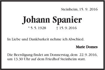 Traueranzeige von Johann Spanier von Marbacher Zeitung