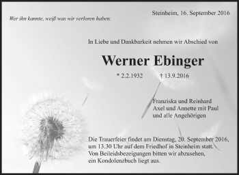 Traueranzeige von Werner Ebinger von Marbacher Zeitung