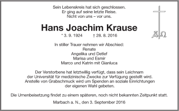 Traueranzeige von Hans Joachim Krause von Marbacher Zeitung