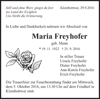 Traueranzeige von Maria Freyhofer von Marbacher Zeitung
