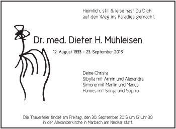 Traueranzeige von Dieter H. Mühleisen von Marbacher Zeitung